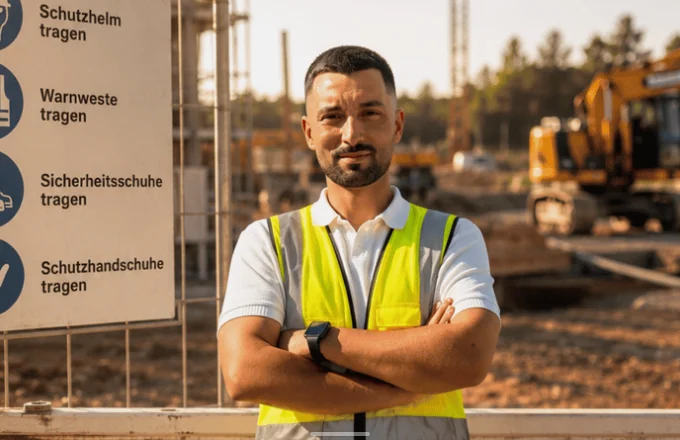 Ümit Tokmak, owner of SECUPLUS, in a hi-vis vest on a construction site